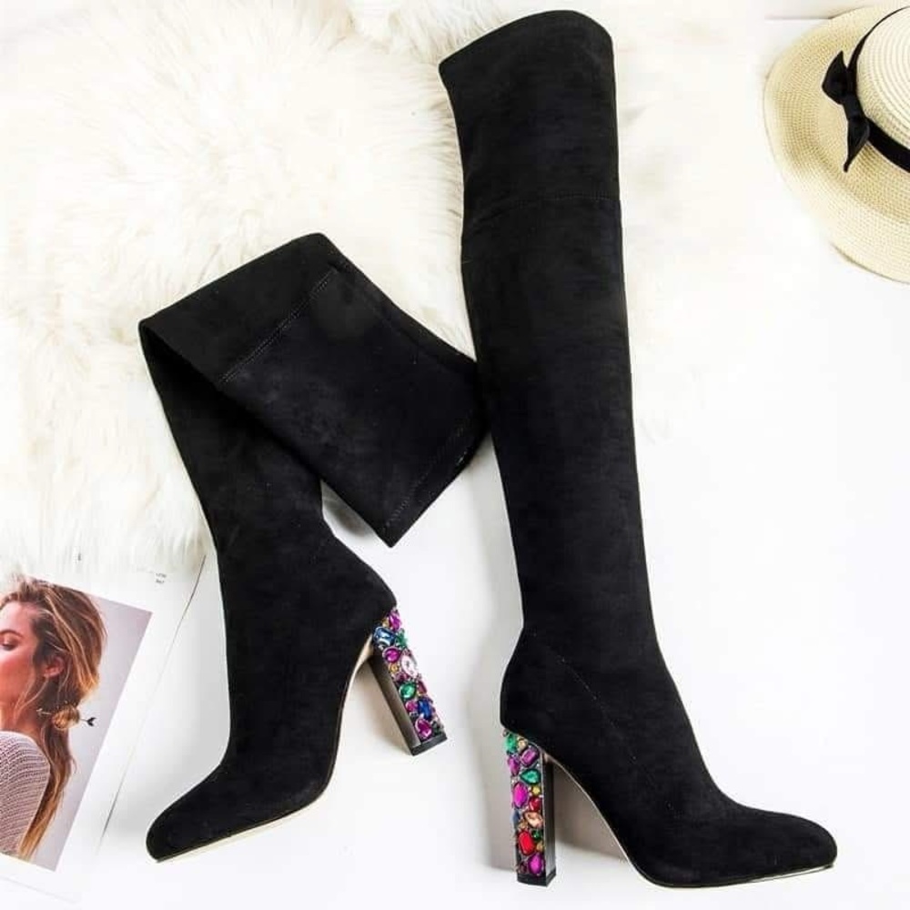 Jimmy Choo MYA 100 Black Stretch Suede Over The Knee Boots with Embellished Heel